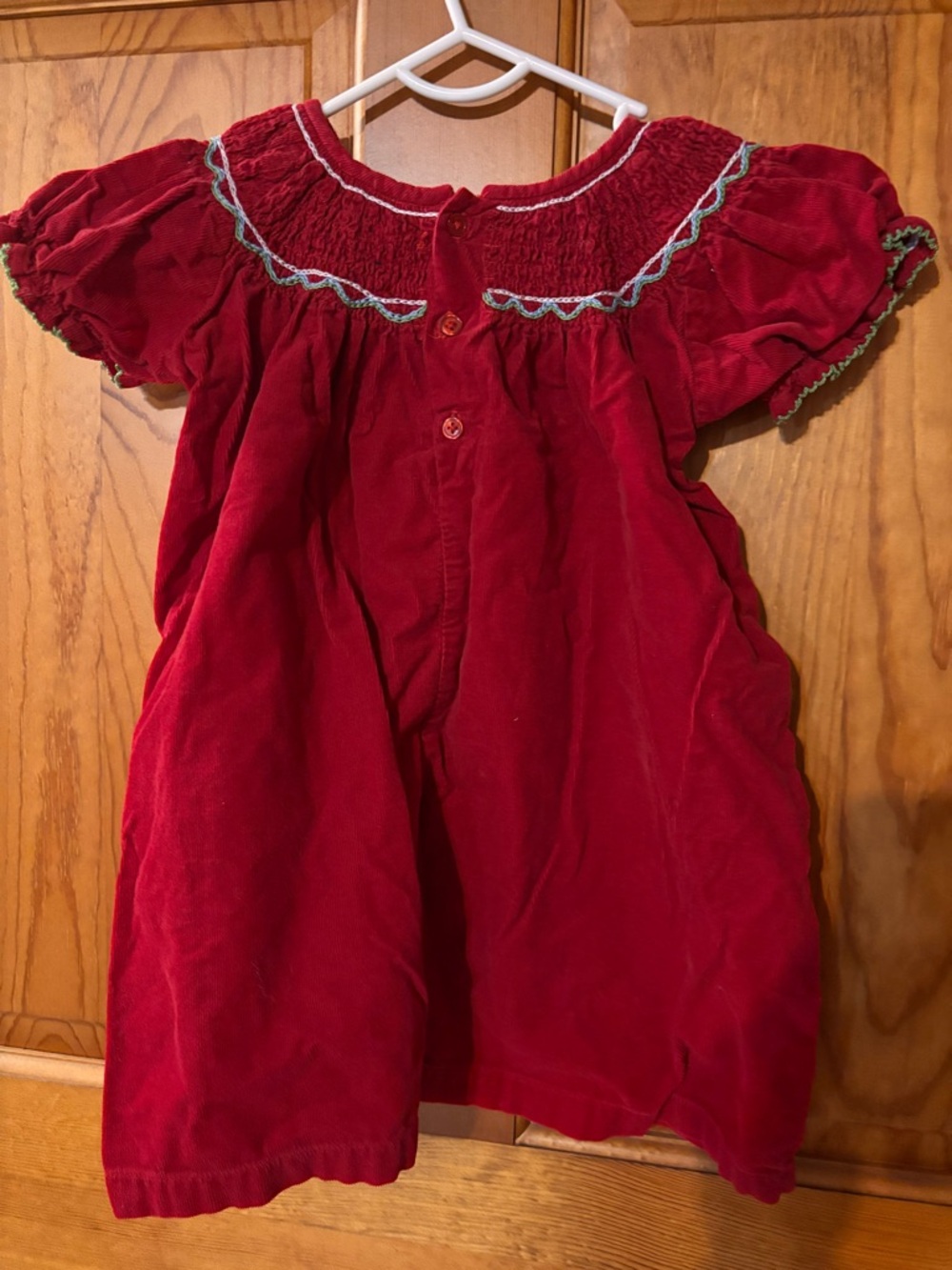 Vintage Corduroy Smocked Toddler Dress with Holiday Embroidery - Picture 2 of 4